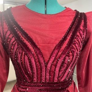 Rhinestone, red velvet, mesh, overskirt, size 10